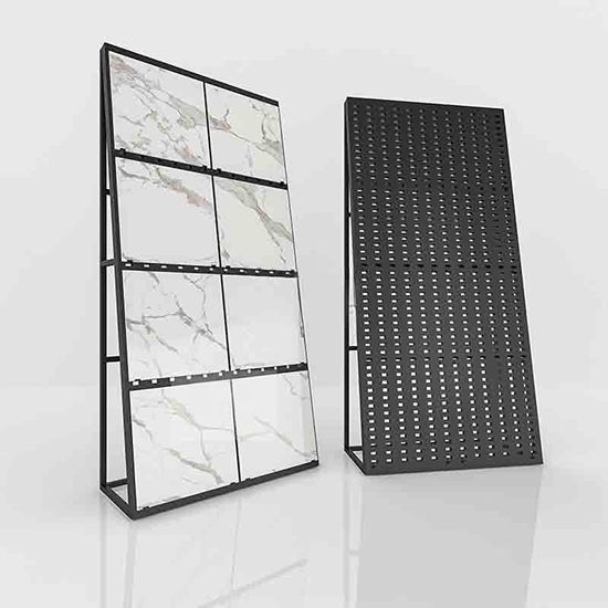 Tilting tile sample display stand with perforated board back panel
